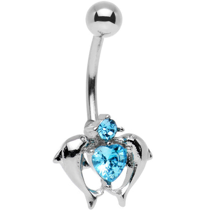 Aqua Gem Double Dolphin Heart Bottom Mount Belly Ring