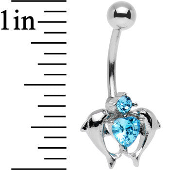 Aqua Gem Double Dolphin Heart Bottom Mount Belly Ring