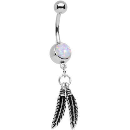 Steel White Synthetic Opal Floating Feathers Dangle Belly Ring