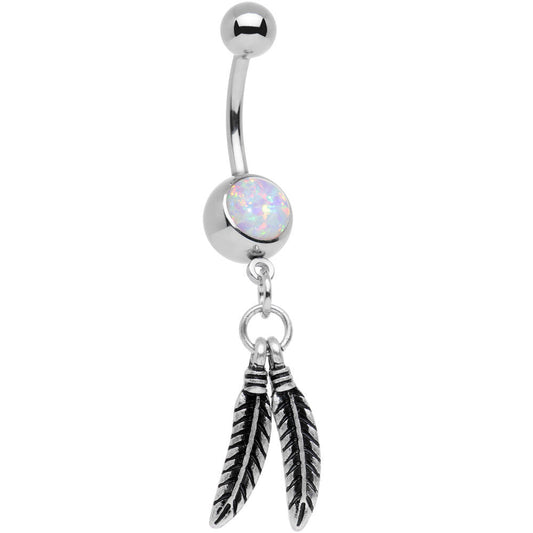 Steel White Synthetic Opal Floating Feathers Dangle Belly Ring