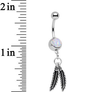 Steel White Synthetic Opal Floating Feathers Dangle Belly Ring