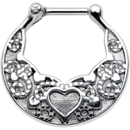 16G 1/4 Steel Bar Wide Ornate Heart Detailed Hoop Septum Clicker