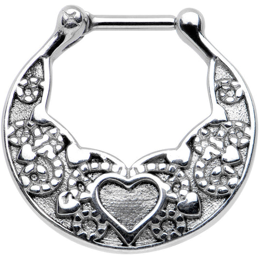16G 1/4 Steel Bar Wide Ornate Heart Detailed Hoop Septum Clicker