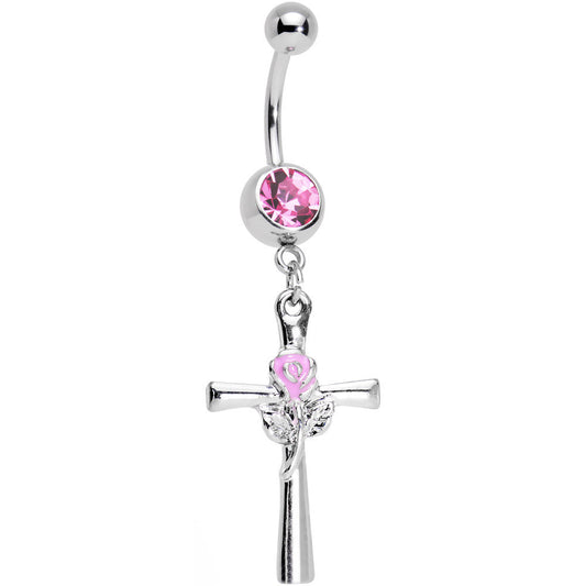 Rosy Pink Gem Cross and Rose Flower Loving Spirit Dangle Belly Ring