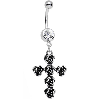 Clear Gem Black Rose Flower Detailed Gothic Cross Dangle Belly Ring