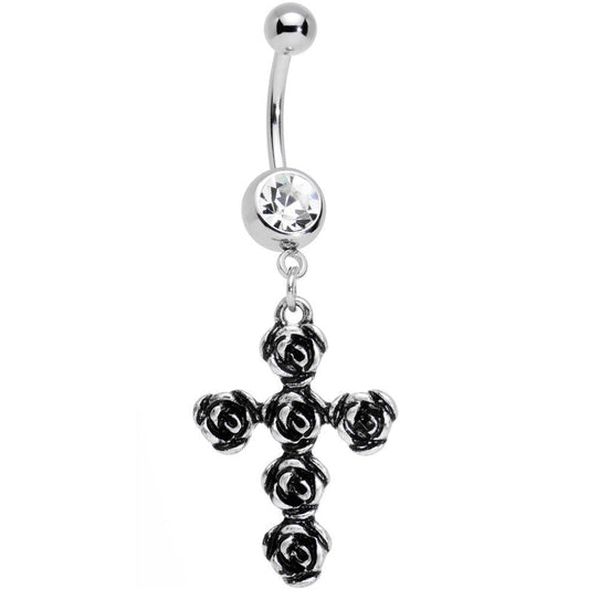 Clear Gem Black Rose Flower Detailed Gothic Cross Dangle Belly Ring