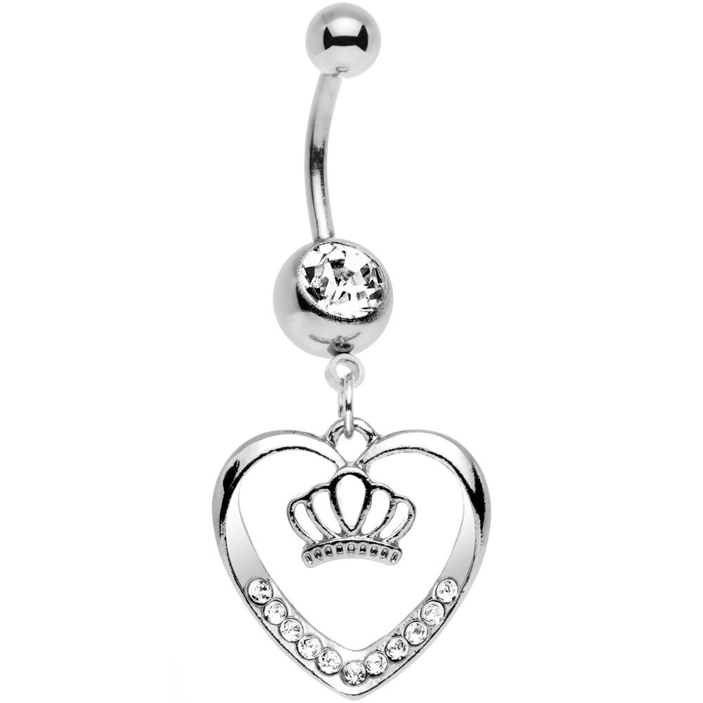 Clear Gem Claddagh Inspired Heart and Crown Dangle Belly Ring