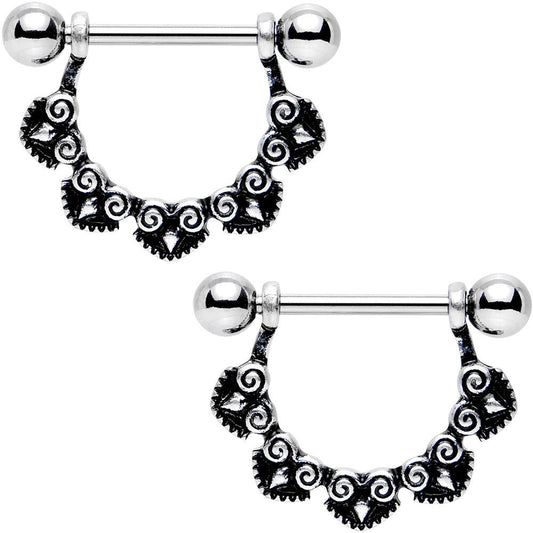 14G 5/8 Stainless Steel Black Deco Pattern Barbell Nipple Shield Set