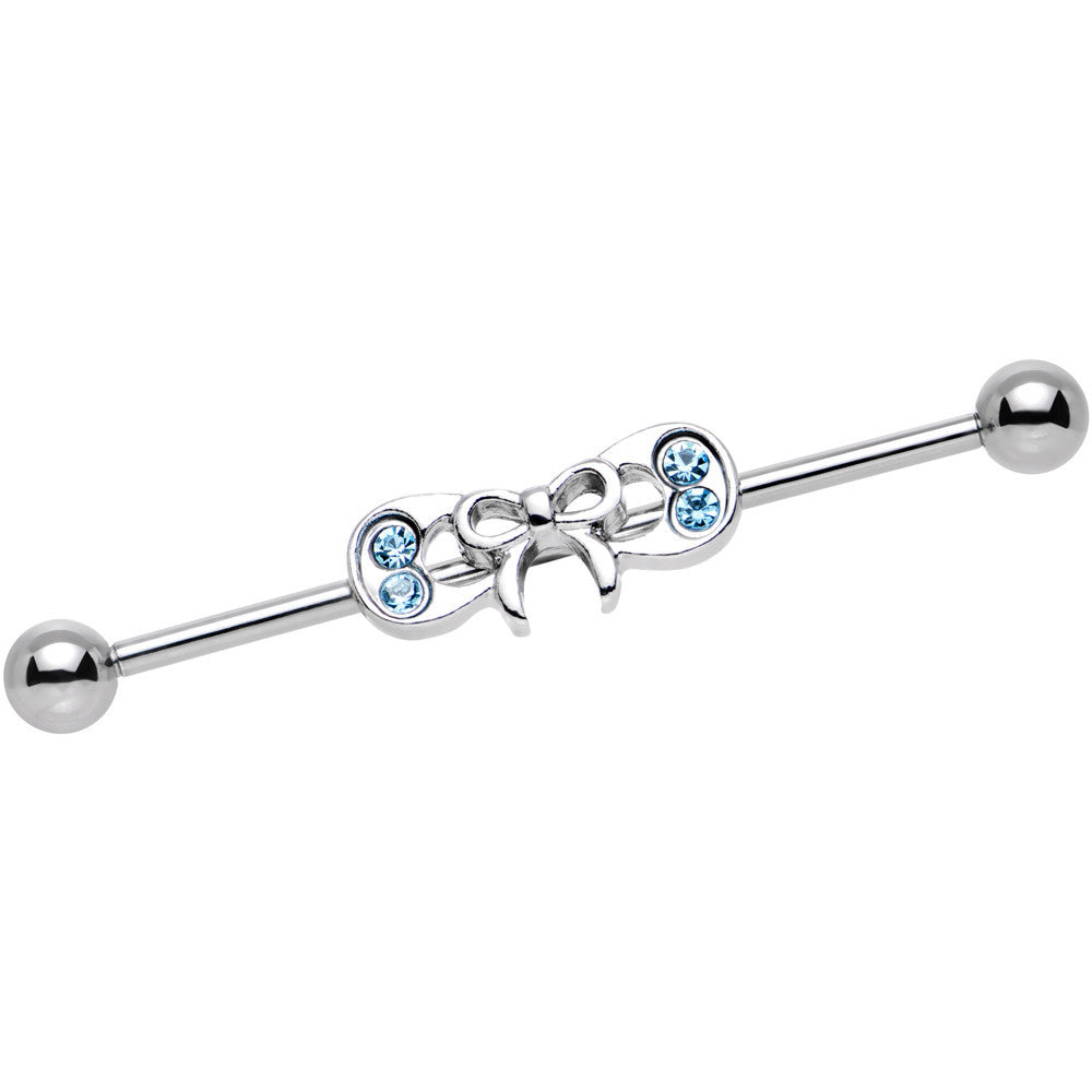 14G Aqua Gem Steel Studded Girlie Bow Industrial Barbell 38mm