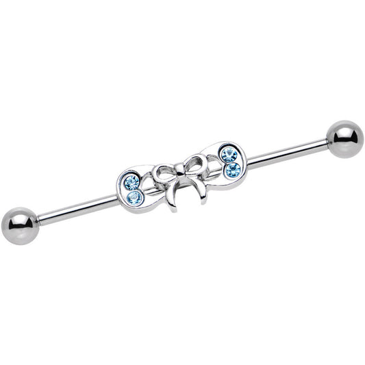 14G Aqua Gem Steel Studded Girlie Bow Industrial Barbell 38mm