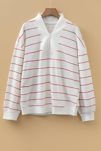 Fiery Red Zip V Neck Casual Stripe Print Drop Shoulder Long Sleeve Top - Jaico Online Shop