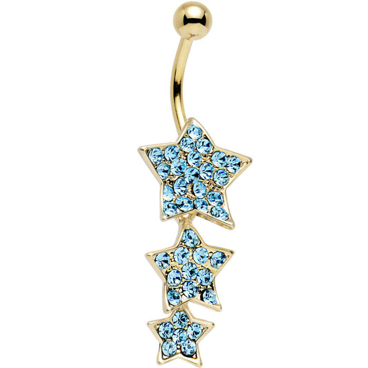 Aqua Gem Gold Plated Steel Triple Star Dangle Belly Ring