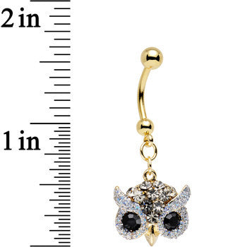 Clear Aurora and Black Gem Gold Plated Beady Eye Owl Dangle Belly Ring