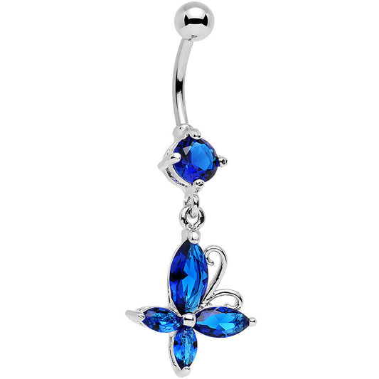 Blue Gem Butterfly Prong Set Dangle Belly Ring