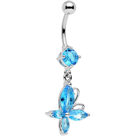 Aqua Gem Butterfly Prong Set Dangle Belly Ring