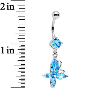 Aqua Gem Butterfly Prong Set Dangle Belly Ring