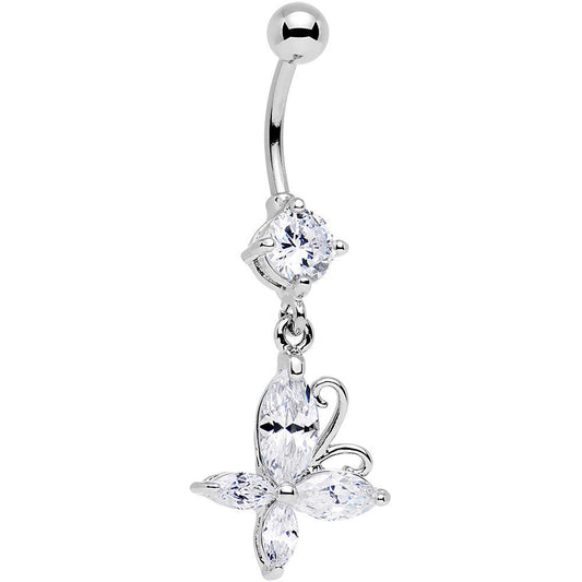 Clear Gem Butterfly Prong Set Dangle Belly Ring