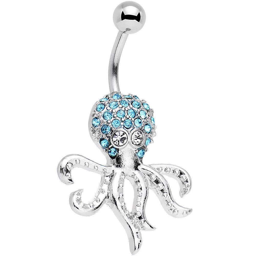 Clear and Aqua Gem Paved Steel I'm All Tentacles Octopus Belly Ring