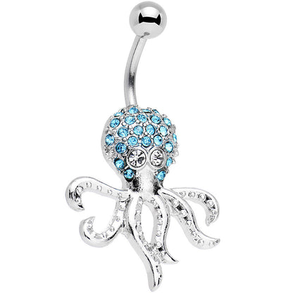 Clear and Aqua Gem Paved Steel I'm All Tentacles Octopus Belly Ring