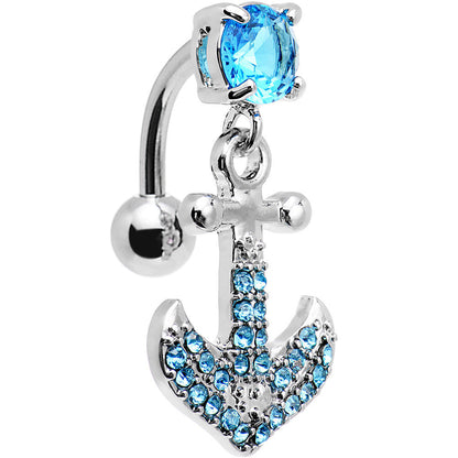 Aqua Gem Paved Set My Sails Anchor Top Mount Dangle Belly Ring