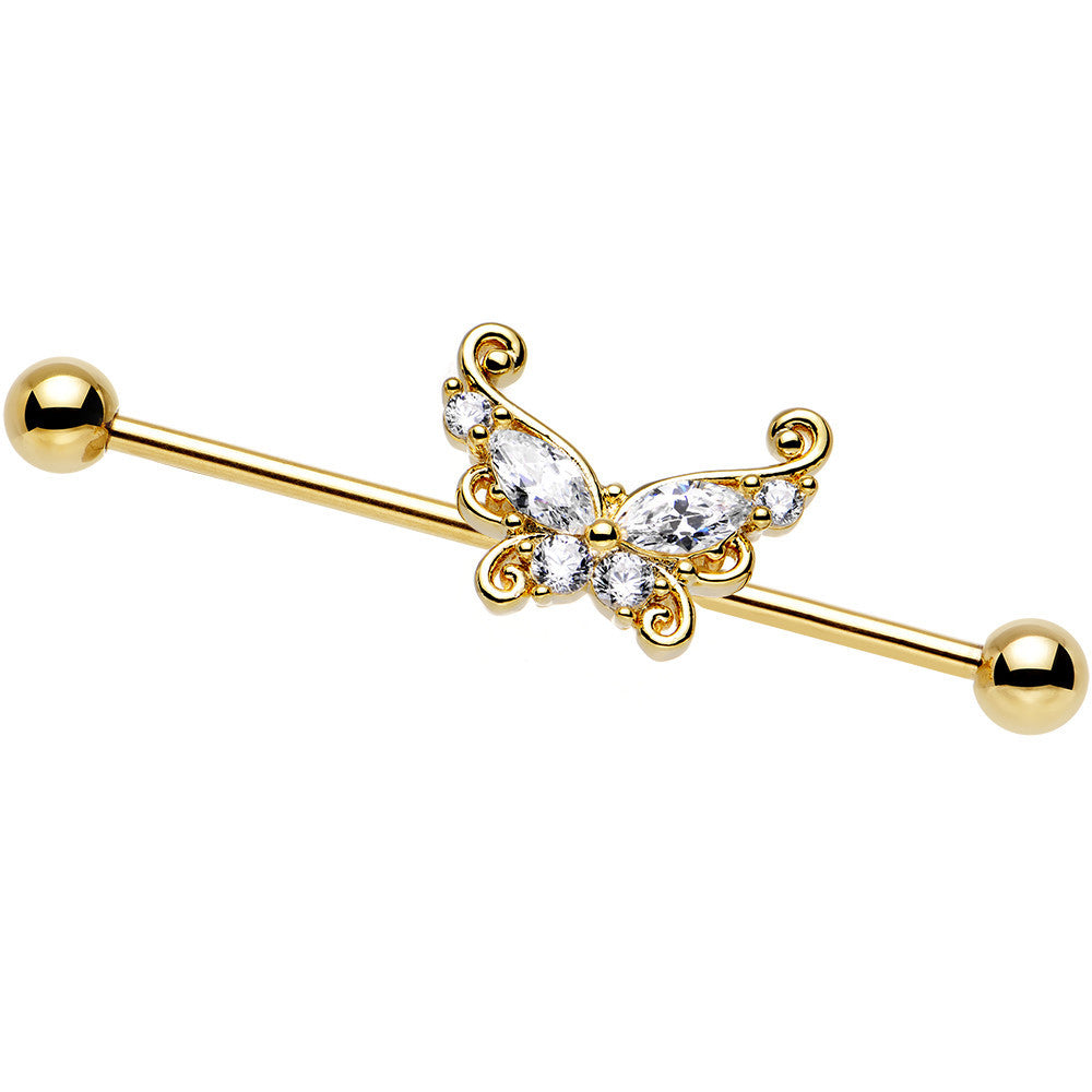 14G Clear CZ Gold Anodized Butterfly Industrial Barbell 36mm