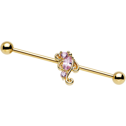 14G Pink CZ Gold Anodized Deco Swirl Industrial Barbell 38mm