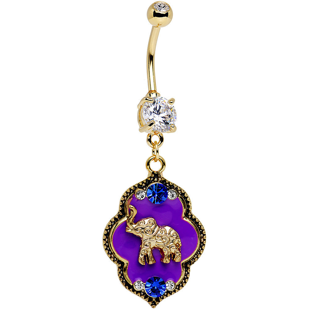 Clear Gem Gold PVD Purple Lucky Elephant Dangle Belly Ring