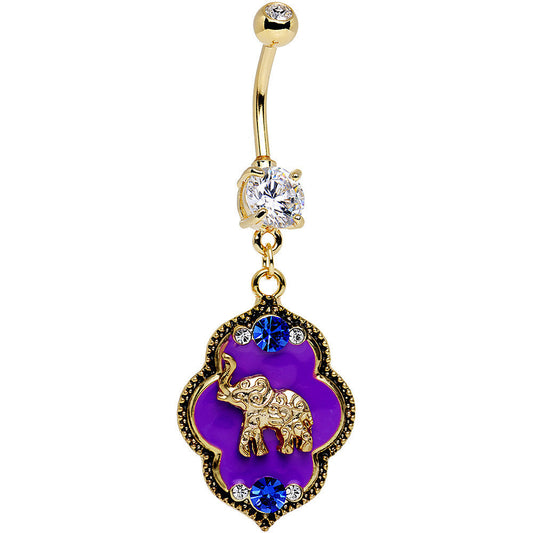 Clear Gem Gold PVD Purple Lucky Elephant Dangle Belly Ring