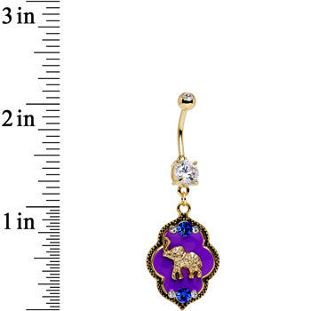 Clear Gem Gold PVD Purple Lucky Elephant Dangle Belly Ring
