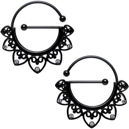 Clear Gem Black PVD Barbell Filigree Heart Universal Nipple Ring Set