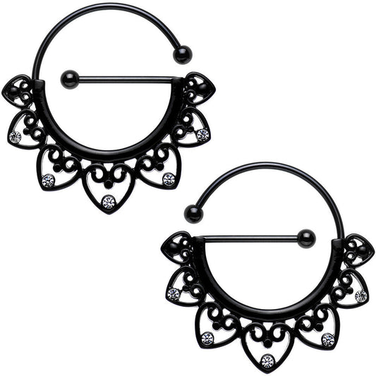 Clear Gem Black PVD Barbell Filigree Heart Universal Nipple Ring Set