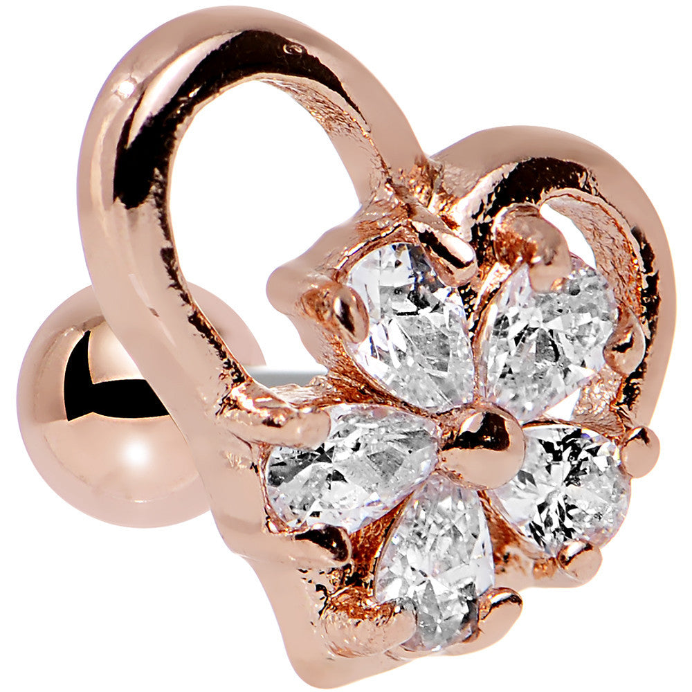 Clear CZ Rose Gold Plated Heart Cartilage Earring 16G 1/4