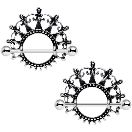 1 inch Dark Ornate Detail Princess Crown Barbell Nipple Shield Set