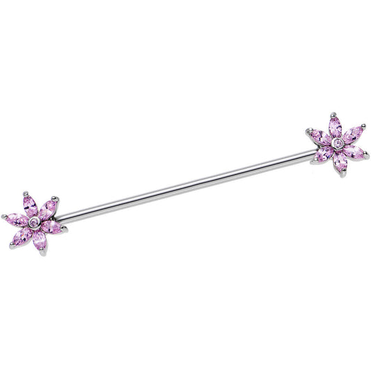 14G Pink CZ Gem Pimpernel Flower Ends Industrial Barbell 40mm