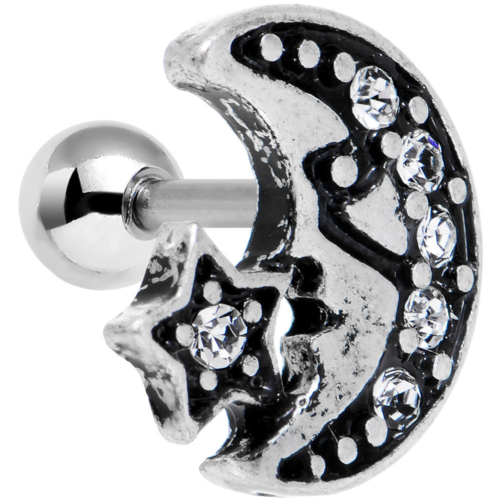 16G 1/4 Clear Gem Moon and Star Left Tragus Cartilage Earring