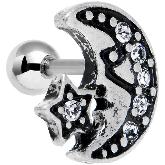 16G 1/4 Clear Gem Moon and Star Left Tragus Cartilage Earring