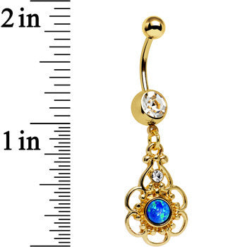 Clear Gem Blue Faux Opal Gold Anodized Flower Dangle Belly Ring