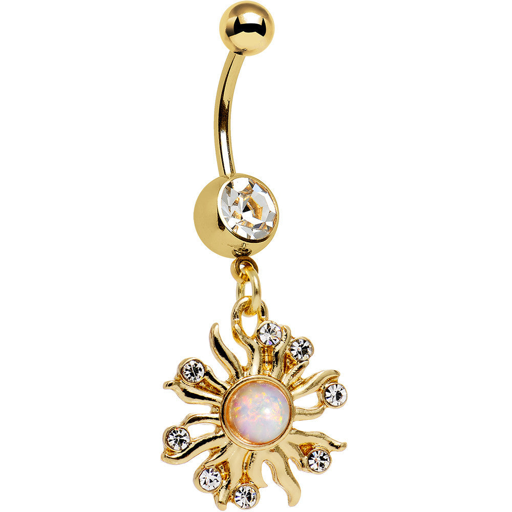 Clear Gem White Faux Opal Gold Anodized Sunburst Dangle Belly Ring