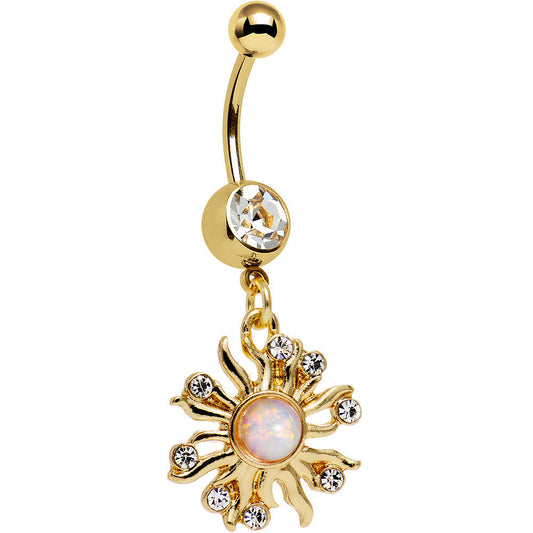 Clear Gem White Faux Opal Gold Anodized Sunburst Dangle Belly Ring