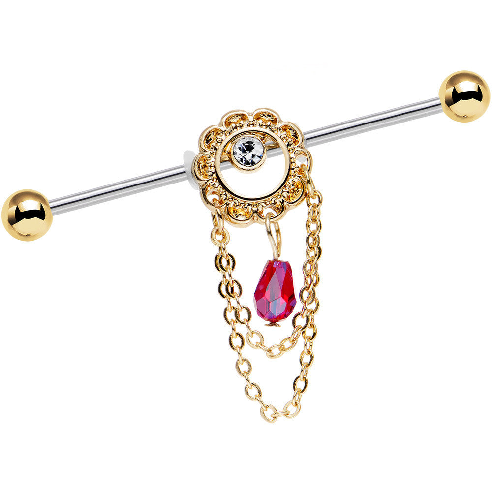 14G Pinkish Red Gem Ornate Flower Crown Industrial Barbell 38mm