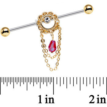 14G Pinkish Red Gem Ornate Flower Crown Industrial Barbell 38mm