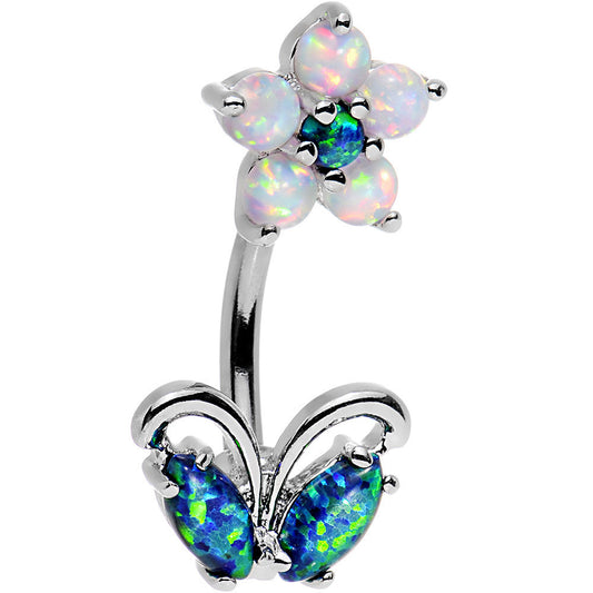 Clear Aqua Faux Opal Flourishing Flower Double Mount Belly Ring