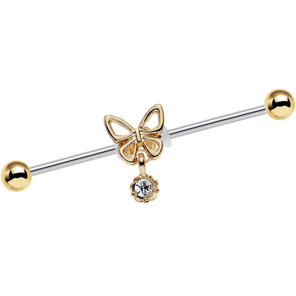 14G Clear Gem Ornate Butterfly Industrial Barbell 38mm