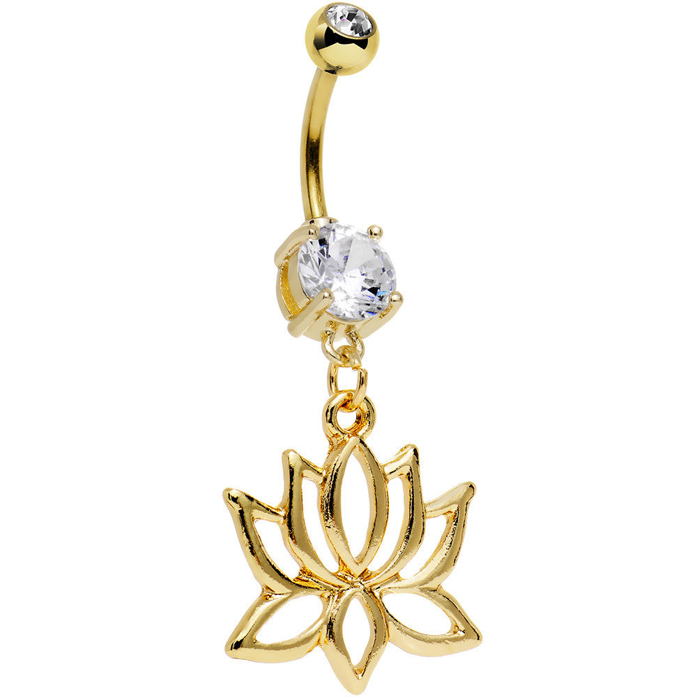 Clear Gem Gold Plated Framework Lotus Flower Dangle Belly Ring