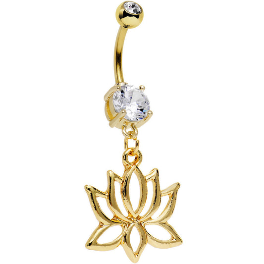 Clear Gem Gold Plated Framework Lotus Flower Dangle Belly Ring