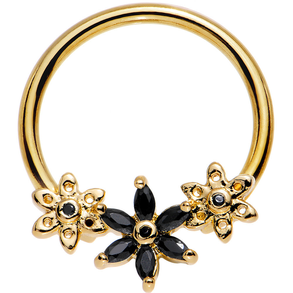 14G 5/8 Black CZ Gem Gold Tone Daisy Flower Chain BCR Captive Ring