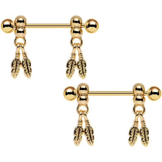 14G Gold Anodized Fair Weather Feather Dangle Nipple Ring Set