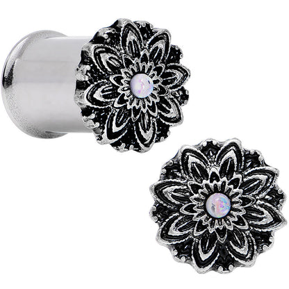0G White Synthetic Opal Steel Flower Frame Double Flare Plug Set