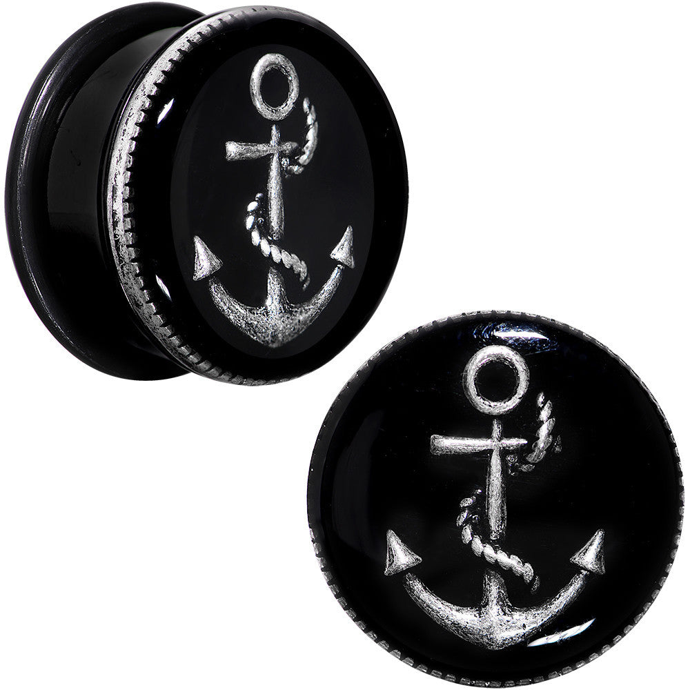 7/8 Black PVD Simply Seaworthy Anchor Single Flare Plug Set