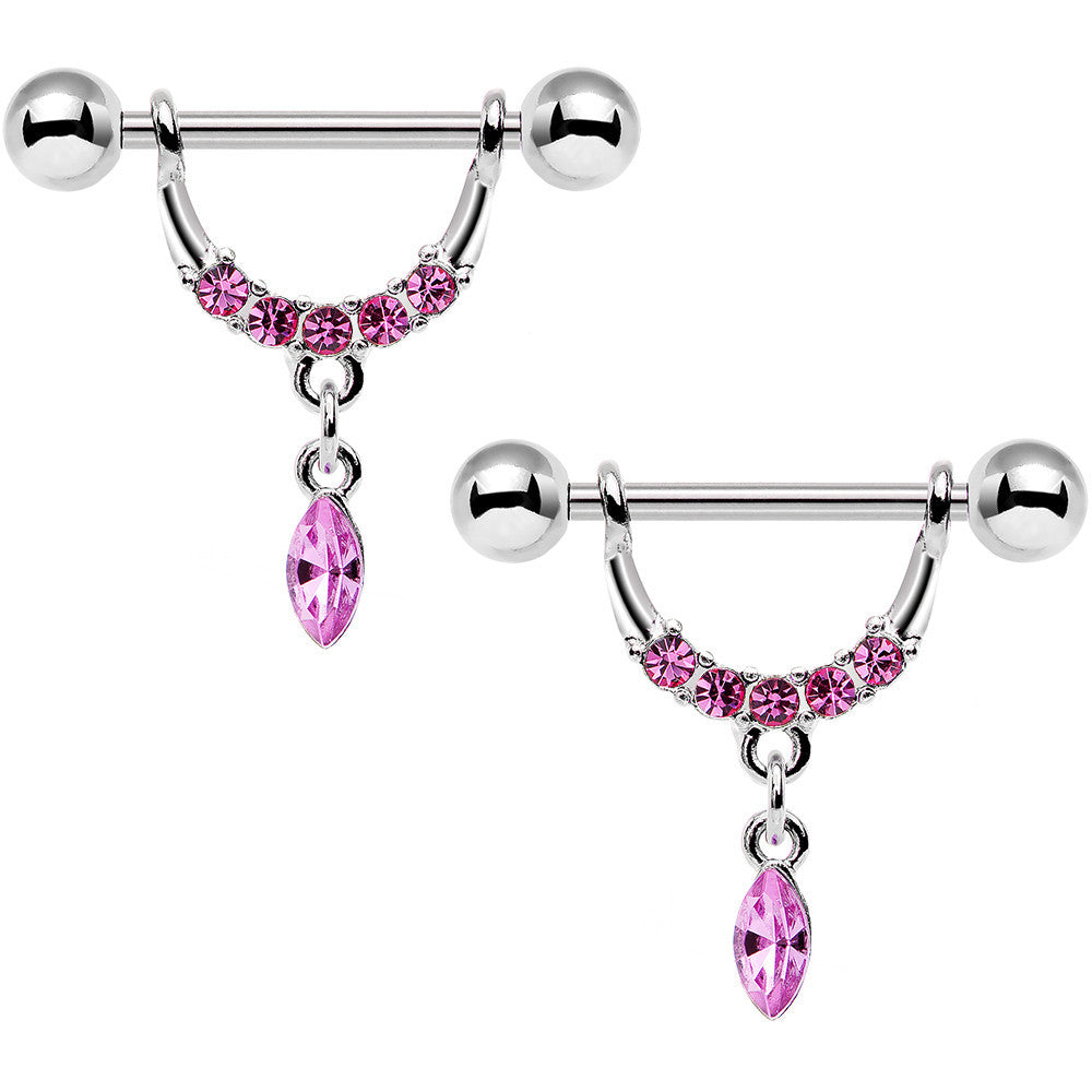 14G 3/4 Pink Gem Steel Drip Drop Dangle Nipple Ring Set
